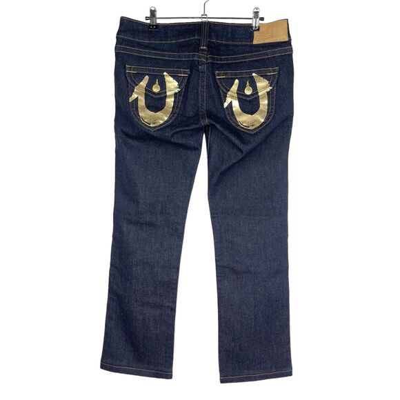 True Religion Blue Dark Wash Metallic Painted Horseshoe Flap Pockets Jeans Sz 31 - Picture 1 of 13